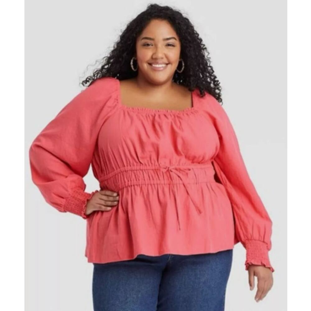 NWT Ava and Viv Women’s Smocked‎ Long Puff Sleeve Cotton Peplum Top Size 1X Pink